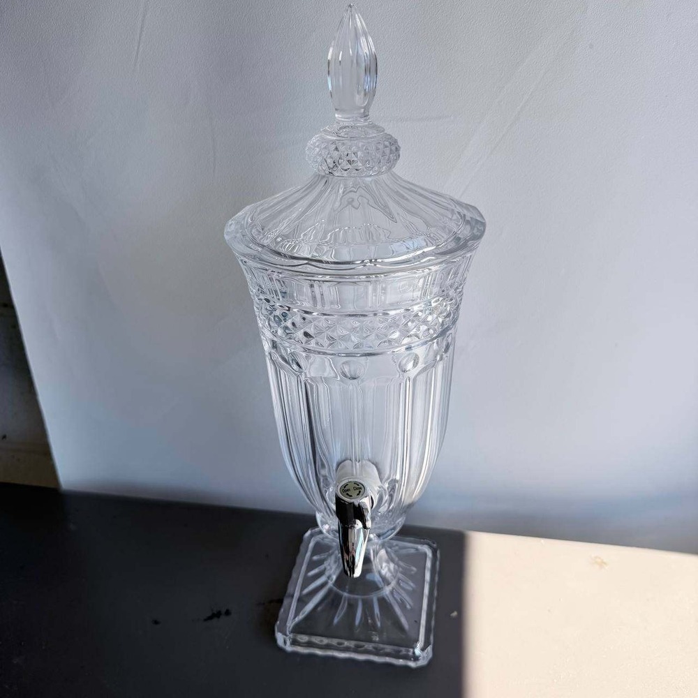 Large Glass Beverage Dispenser Urn with Lid and Spigot 19 Inch Clear Cut Glass